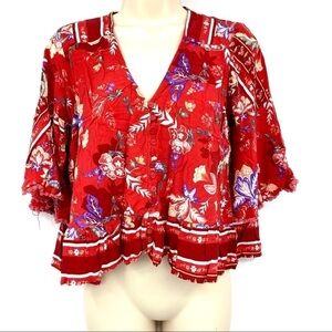 Jaase boho bell sleeve crop top Pom Pom trim S